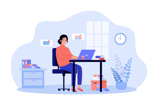 Businesswoman working on laptop in office vector illustration. Cartoon drawing of happy busy woman analyzing financial charts and responding to e-mails. Business, workplace, occupation concept