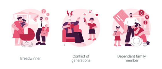 Fototapeta premium Family needs and communication abstract concept vector illustration set. Breadwinner, conflict of generations, dependant family member, disabled parent, freelance work, businessman abstract metaphor.