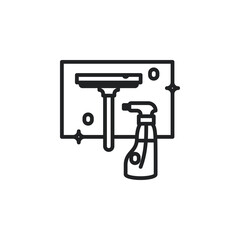 Glass cleaning sweeper with cleaner spray bottle outline icons. Vector illustration. Isolated icon suitable for web, infographics, interface and apps.