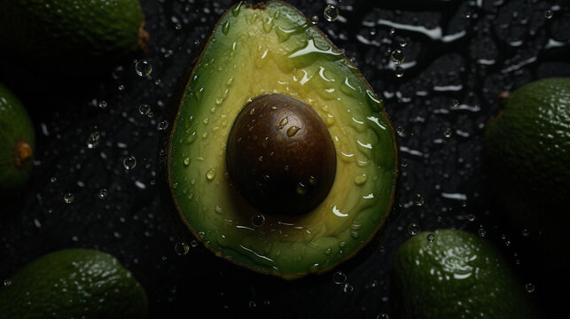 Fresh wet avocado. Fruits with drops. Dark background. Upper view. Image generated by Ai.