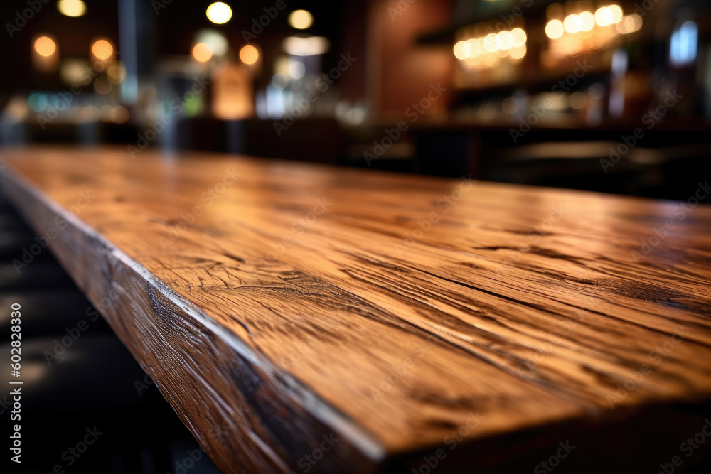 Aufkleber empty wooden table and blurred background of bar or pub. high quality photo