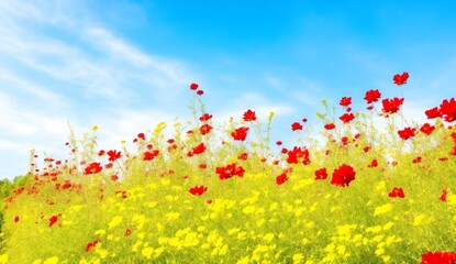Red flowers poppies on the sunny fields from Generative AI