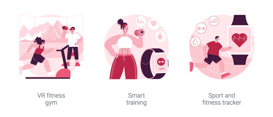 Smart personal training technologies abstract concept vector illustration set. VR fitness gym, smart experience, sport and fitness tracker, fit coaching application, health monitor abstract metaphor.