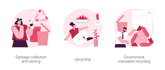 Waste collection and recycling problems abstract concept vector illustration set. Garbage sorting, upcycling, government mandated recycling, household disposal, creative reuse abstract metaphor.