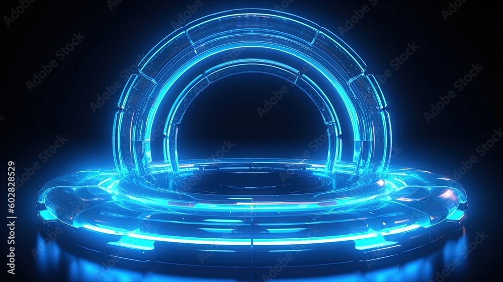 Wall mural 3d rendering of abstract background with blue neon lights. glowing spiral shape.generative ai