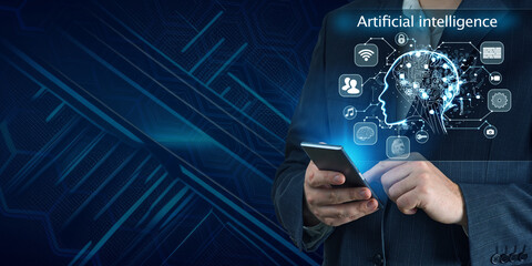 AI, Chat bot and future marketing concept, businessman hand holding cellphone, smartphone with ai infographic. Artificial intelligence concept