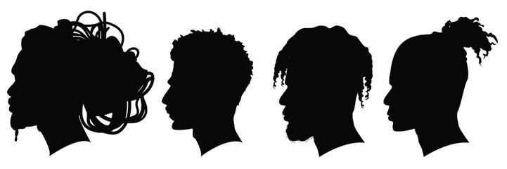 Silhouettes of African American men part 3, side view with various hairstyles, contour on white background. Vector illustration