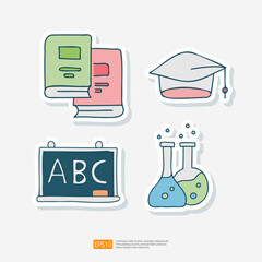 Book, Graduation Hat, Blackboard and Chemical Glass. Learning Education and School Class Doodle Sticker Icon Set Vector Illustration