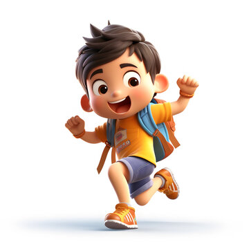 Happy elementary school students running to school 3d illustration