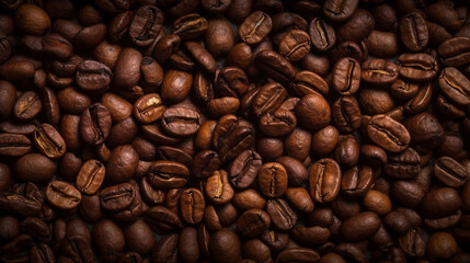 Fototapeta premium Coffee lover view of roasted coffee beans for background and texture. Dumped roasted coffee beans can be used as background and texture. Roasted coffee. Image generated by Ai.