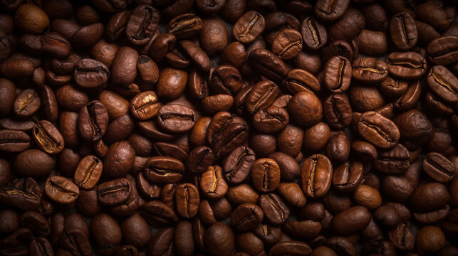 Coffee lover view of roasted coffee beans for background and texture. Dumped roasted coffee beans can be used as background and texture. Roasted coffee. Image generated by Ai.