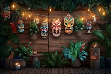 Tiki mask tropical party background with candles, green tropical leaves and tropical foilage, hawaii, carribbean