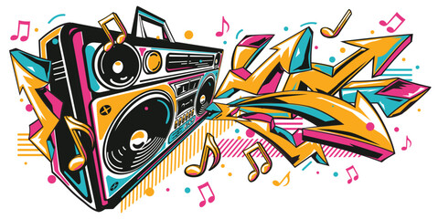 Musical boom box tape recorder  with colorful funky graffiti arrows and notes