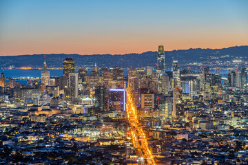 The skyline of  downtown San Francisco in California before sunrise