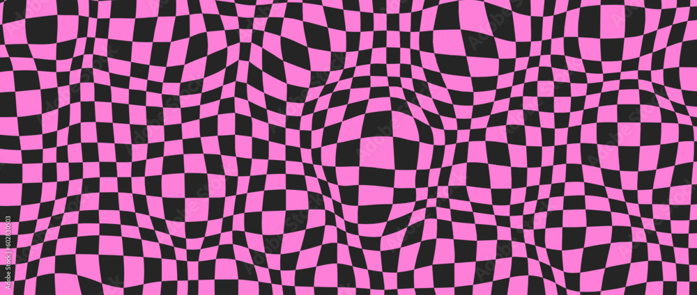 Poster Black and pink distorted checkerboard background. Retro emo psychedelic checkered wallpaper. Wavy groovy chessboard surface. Trippy twisted geometric pattern. Abstract vector backdrop