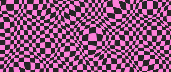 Black and pink distorted checkerboard background. Retro emo psychedelic checkered wallpaper. Wavy groovy chessboard surface. Trippy twisted geometric pattern. Abstract vector backdrop - obrazy, fototapety, plakaty