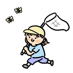 虫取り網を持って走る女の子

