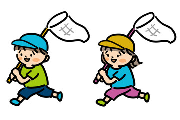 虫取り網を持って走る子ども達
