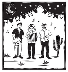Trio of musicians playing at a FESTA JUNINA vector. Traditional culture from the interior of Brazil, FORRÓ. Cordel style woodcut