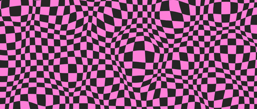 Black and pink distorted checkerboard background. Retro emo psychedelic checkered wallpaper. Wavy groovy chessboard surface. Trippy twisted geometric pattern. Abstract vector backdrop