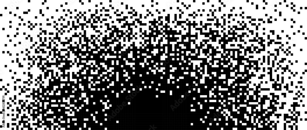 Poster Pixelated halftone gradient background. Fading radial pixel texture. Dissolving black and white wallpaper. Vector backdrop 