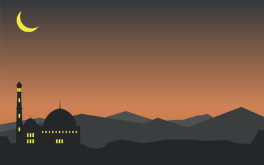 A flat design silhouette of a masjid or mosque for Islamic wallpaper, greeting card, background etc