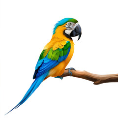 Naklejka premium Blue and yellow macaw ara ararauna sitting on branch of tree isolated on white. Colourful parrot