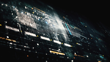 Advance data matrix, telemetry and encrypt numbers simulation user interface display in cyber space abstract de-focus environment background