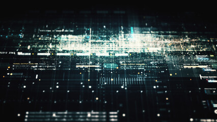Advance data matrix, telemetry and encrypt numbers simulation user interface display in cyber space abstract de-focus environment background