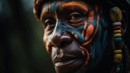 Indian from the tribe, with feather headdress. Indian looking to camera. generative ai