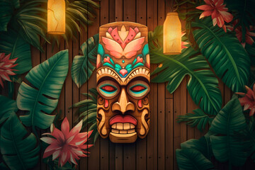 A Hawaiian tiki mask on a wood background with lanterns and tropical flowers and leaves, invitation, party - obrazy, fototapety, plakaty