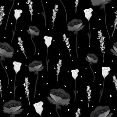 seamless pattern background with black and white flower elements. Classic Monochrome rose pattern on black background. Great for packaging, wrapping, textile, fabric, and background.