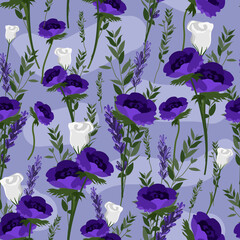Bouquets of purple and white Ros'es seamless pattern great for fabric, textile, paper, packaging and background.