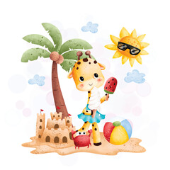 Watercolor illustration cute giraffe eats ice cream at the summer beach