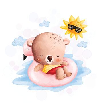 Watercolor illustration cute bear enjoy summer holiday in the pool