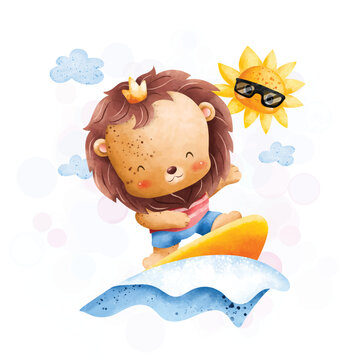 Watercolor illustration cute lion surf at the sea in summer holiday