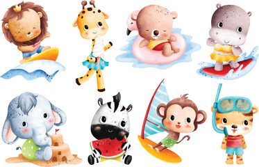 Watercolor Illustration set of cute safari animals go to summer holiday at the beach
