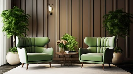Home interior mock-up with green armchairs, table and decor in living room, 3d render