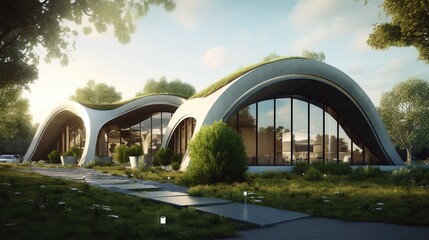 Wide angle view of green sustainable architecture at day using generative AI