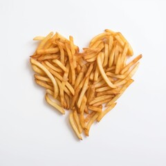 Isolated pile of french fries in the shape of a heart. Generative AI