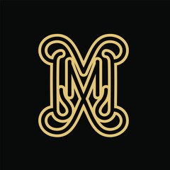 M letter monogram logo design with outline minimalist style gold color
