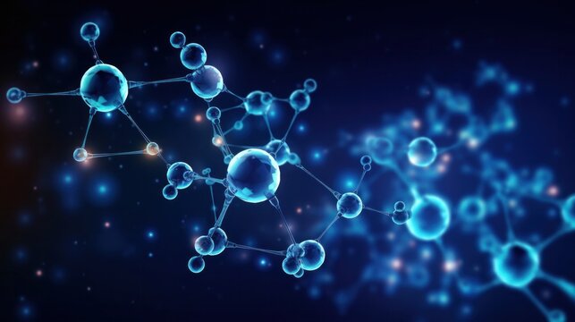 Abstract molecule model. Scientific research in molecular chemistry. 3D illustration on a blue background. Generative A