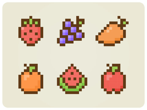 16px top-down fruits icons set, pixel art, peach, watermelon