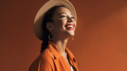 Cheerful young adult woman smiling with teeth exposed in a studio shot portrait against a colorful background, expressing immense happiness. Generative AI