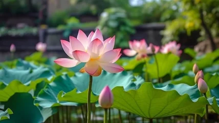 Tuinposter Pink lotus in bloom, also known as Nelumbo nucifera, isolated against background of lotus pond. In Buddhism and Hinduism, the lotus is revered. GENERATE AI © Sawitree88
