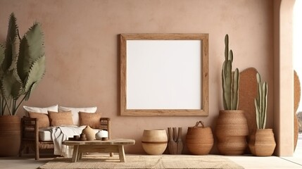Mockup frame in nomadic boho interior background with rustic decor, 3d render
