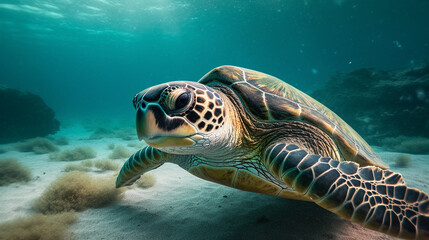 Swimming Turtle in a Marine Reef. generative ai