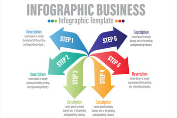 Fototapeta premium Vector infographic template Arrows for six paper label, diagram, graph, presentation. Business concept with 6 options. Blank space for content, step for step, timeline, workflow, marketing, web