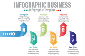 Roadmap infographic template Arrows for six paper label, diagram, graph, presentation. Business concept with 6 options. Blank space for content, step for step, timeline, workflow, marketing, web