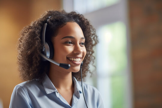 Friendly and cheerful girl working at a call center with headphones on. The image represents efficiency, professionalism and customer service with a human touch. Generative AI Technology.